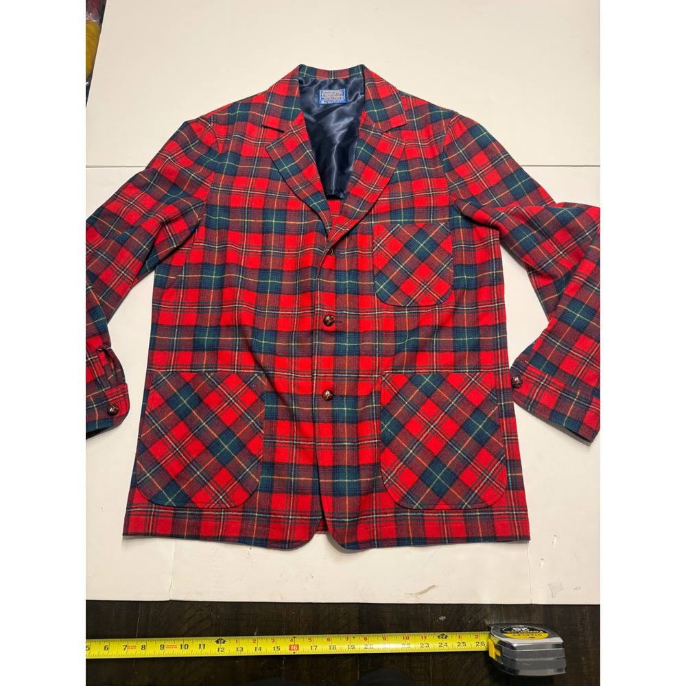 Vintage Pendleton Wool Blazer Mens Large Red Tartan Plaid Sport Coat USA Made